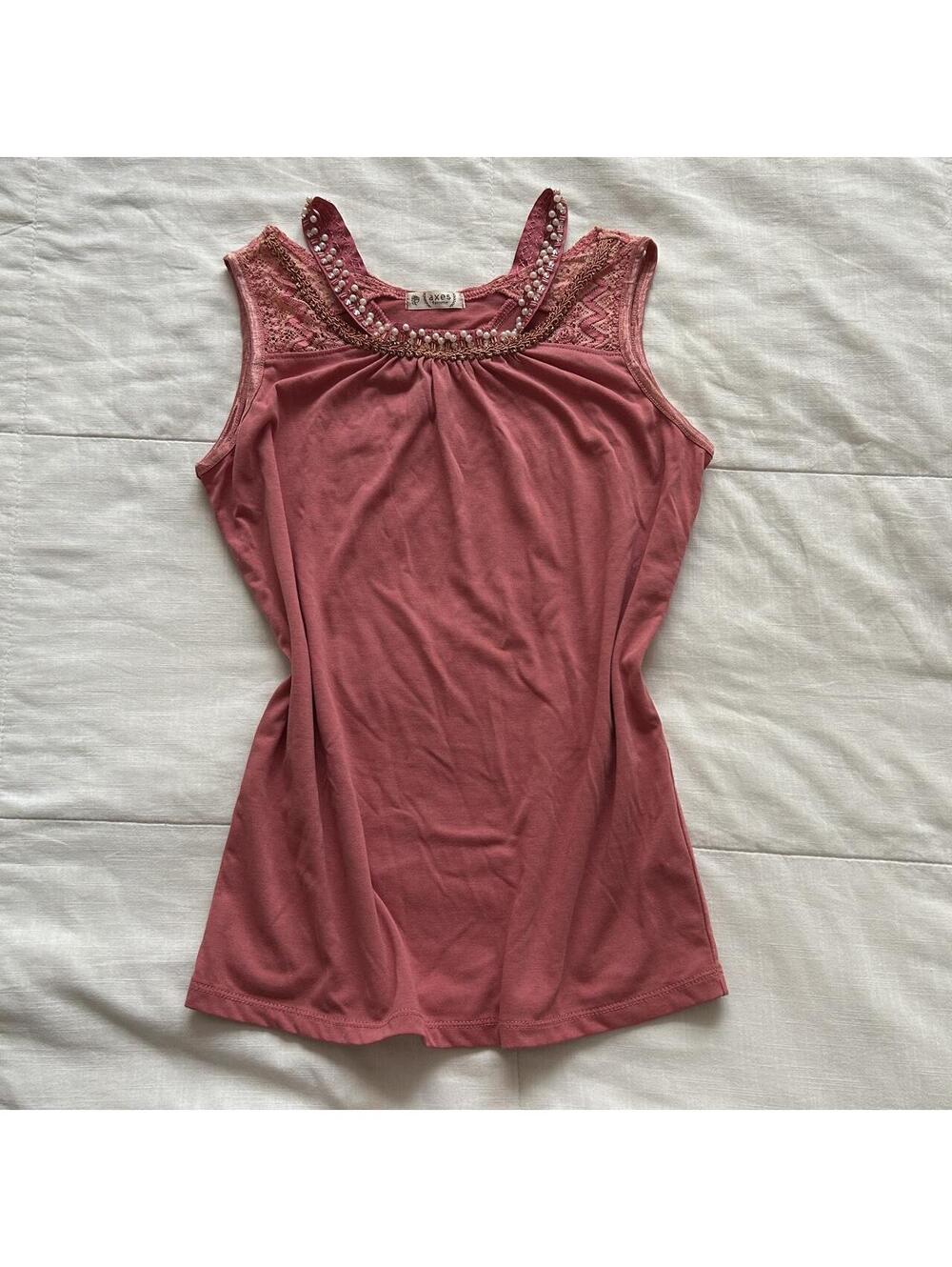 Axes Femme Dusty Rose Pink Pearl Lace Trim Tank Top Size M Japan